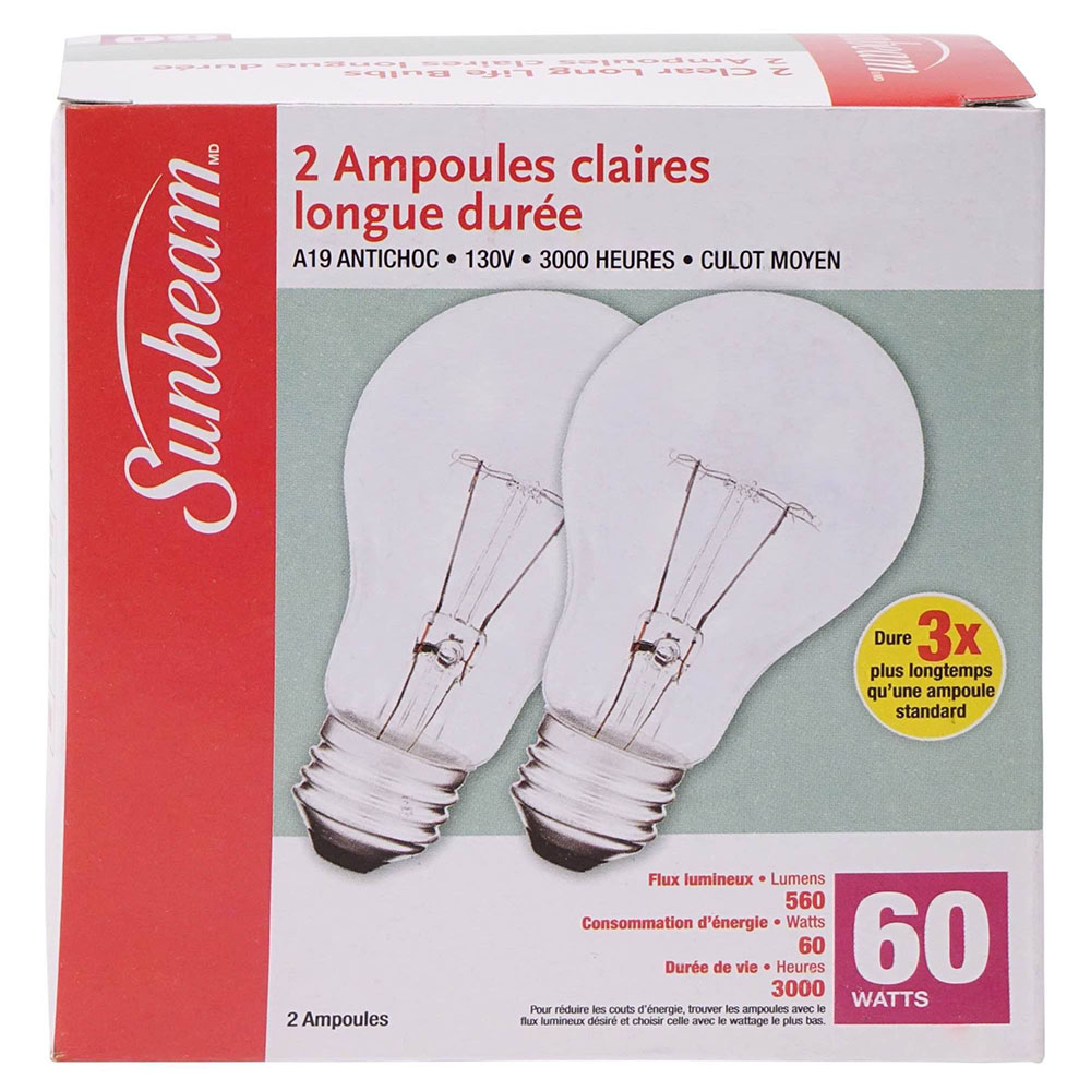 Sunbeam 2PK A19 60W Clear Long Life Bulbs Walmart Canada