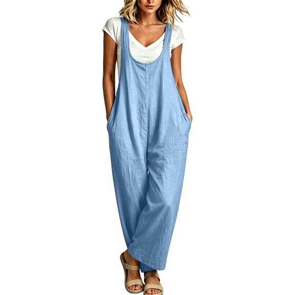 Casual Sleeveless Jumpsuits for Women Loose Wide Leg Long Rompers with Pockets Loungewear Summer Overalls Blue, L