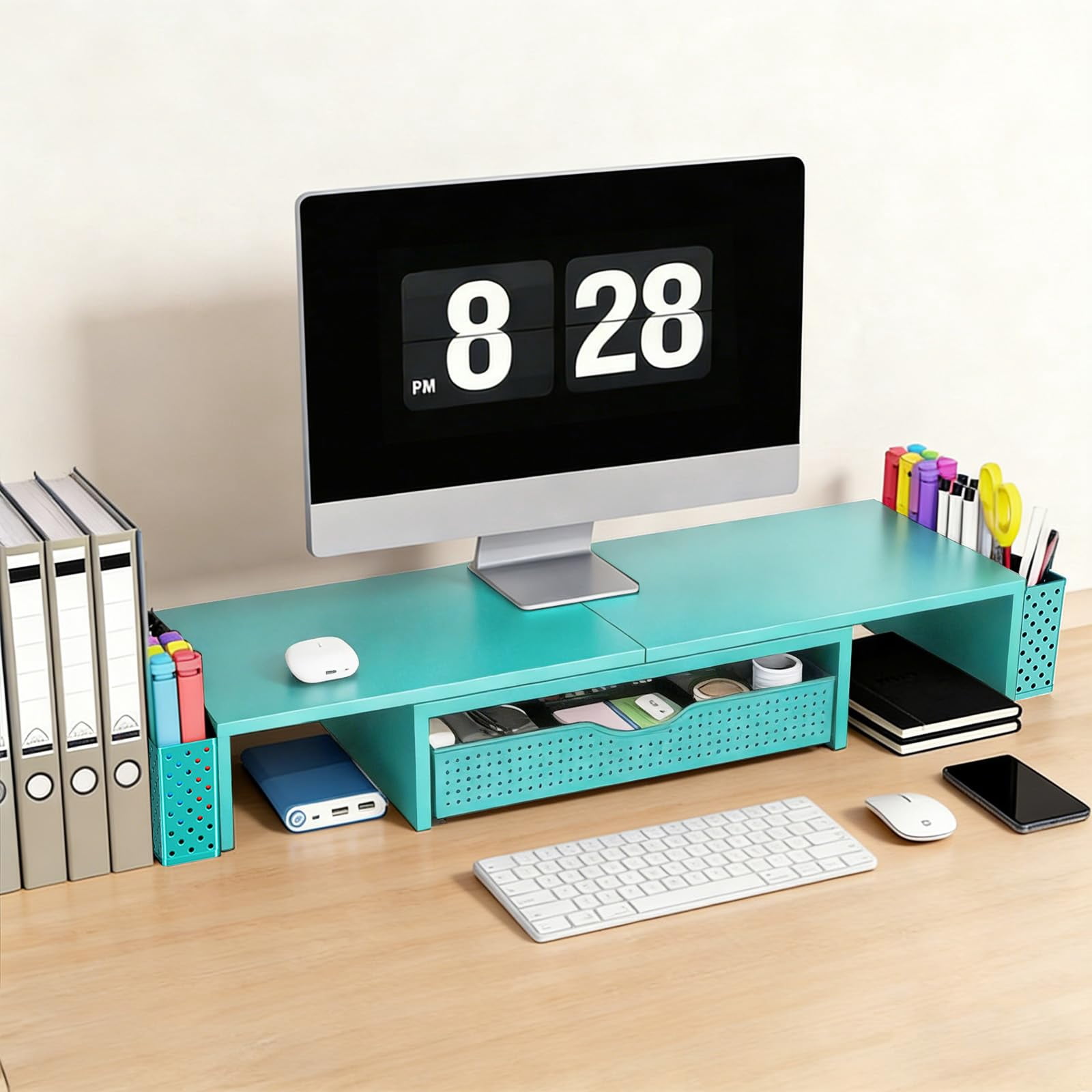 Metal Desk Organizers And Accessories  Dual Monitor Stand Riser With Drawer 2 Pen Holders & Workspace Desktop For Office Supplies (blue)