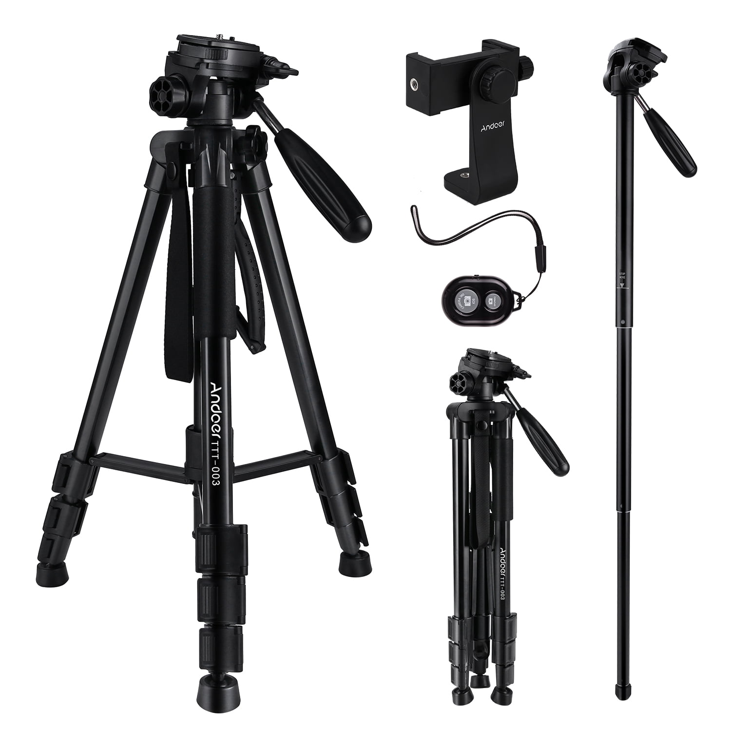 M Buder Lightweight 64.2 inches / 163 cm Aluminum 2-in-1 Camera Tripod and Monopod with 3-Way Pan Head, Phone Clip, and Carry Bag for DSLR, Camcorders, and Smartphones, Black