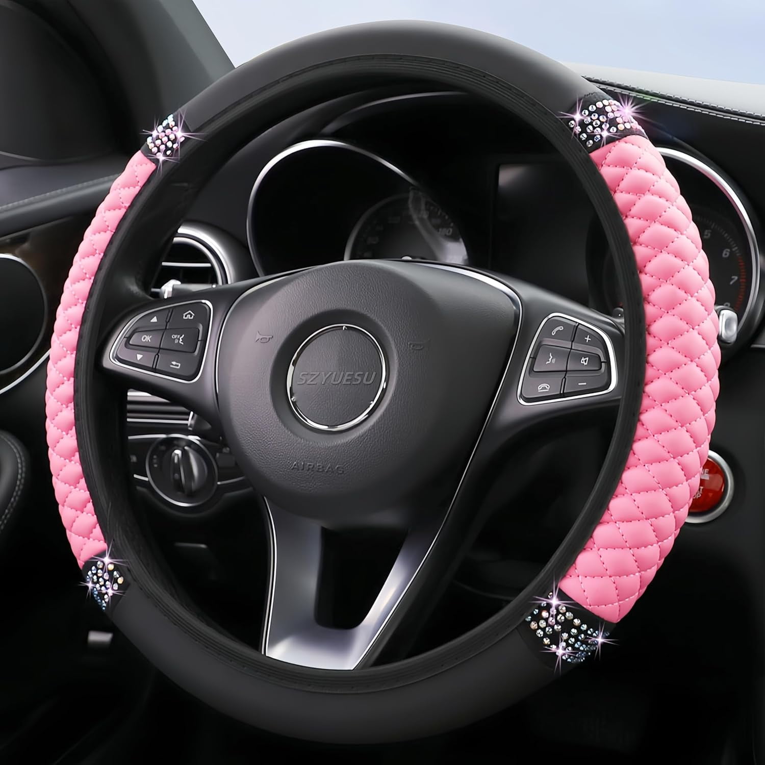 Bling Soft Leather Steering Wheel Cover 15 Inch with Sparkly Diamond Rhinestones for Women and Girls – Elastic Car Accessory for Most Cars (Wine Red)