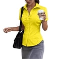 thumbnail image 2 of Women's Basic Button Down Shirts Short Sleeve Stretch Button Up Dress Shirt Slim Fit Waitress Work Shirts Yellow XL, 2 of 6