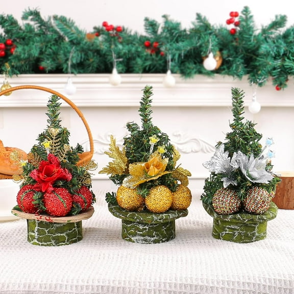 Mini Christmas Tree Christmas Ornaments 3Pcs Small christmas tree for Desk Top Window Sill Decor Home Office Shop Window Desk Decoration Cute Xmas Tree with Christmas Ball and White Flower
