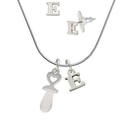 Pacifier Charm Jewelry - 3-D Clear Frosted Baby Pacifier - E Initial Charm Necklace and Stud Earrings Jewelry Set