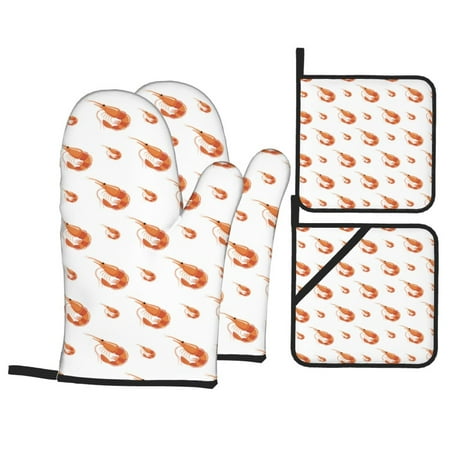 

Oven Mitts and Pot Holders 4 pcs Set Shrimp No.901 Heat Resistant Pot Holders Oven Mitts for kitchen Non-Slip Hanging Loop Oven Glove Potholders for Baking Cooking