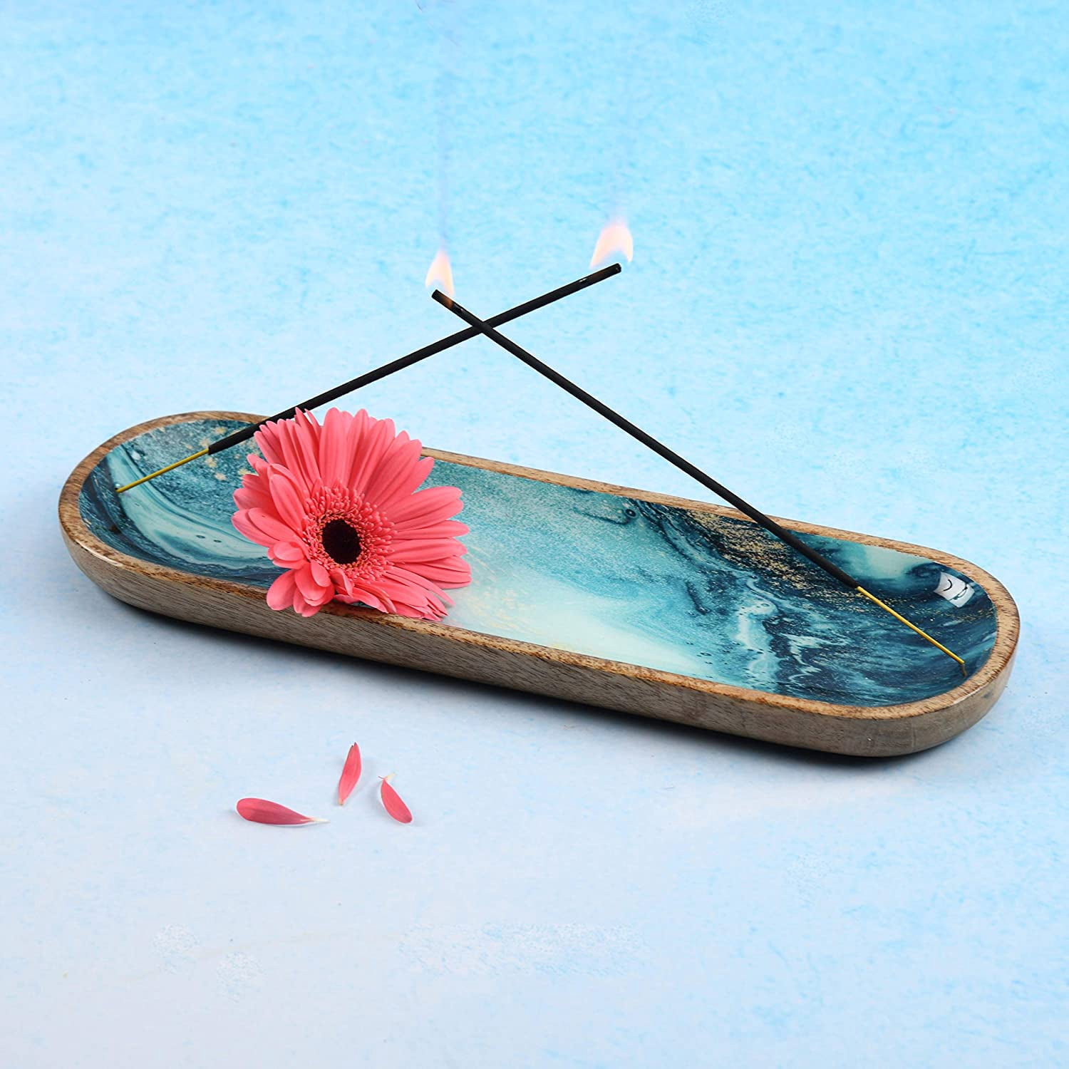 Folkulture Incense Holder or Incense Burner Holder, 12 inch, Blue, Modern Insence Ash Catcher