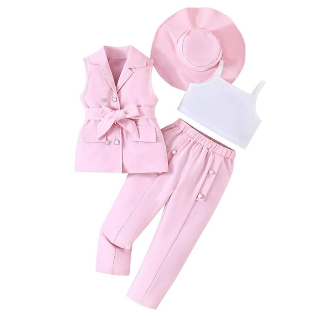 Odeerbi 3-9 Años Niñas Trajes de Verano Camisola de Algodón Tops Vestido Pantalones Blazer Chaqueta Sin Mangas Sombrero Conjunto de Cuatro Piezas