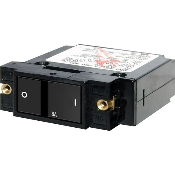 Blue Sea Circuit Breaker 7401-BSS A Series; 8 Ampere; 240 Volt AC/32 Volt DC; Single Pole Magnetic Hydraulic Type; Flat Rocker Actuator; 10-32 Screw Terminal; Single