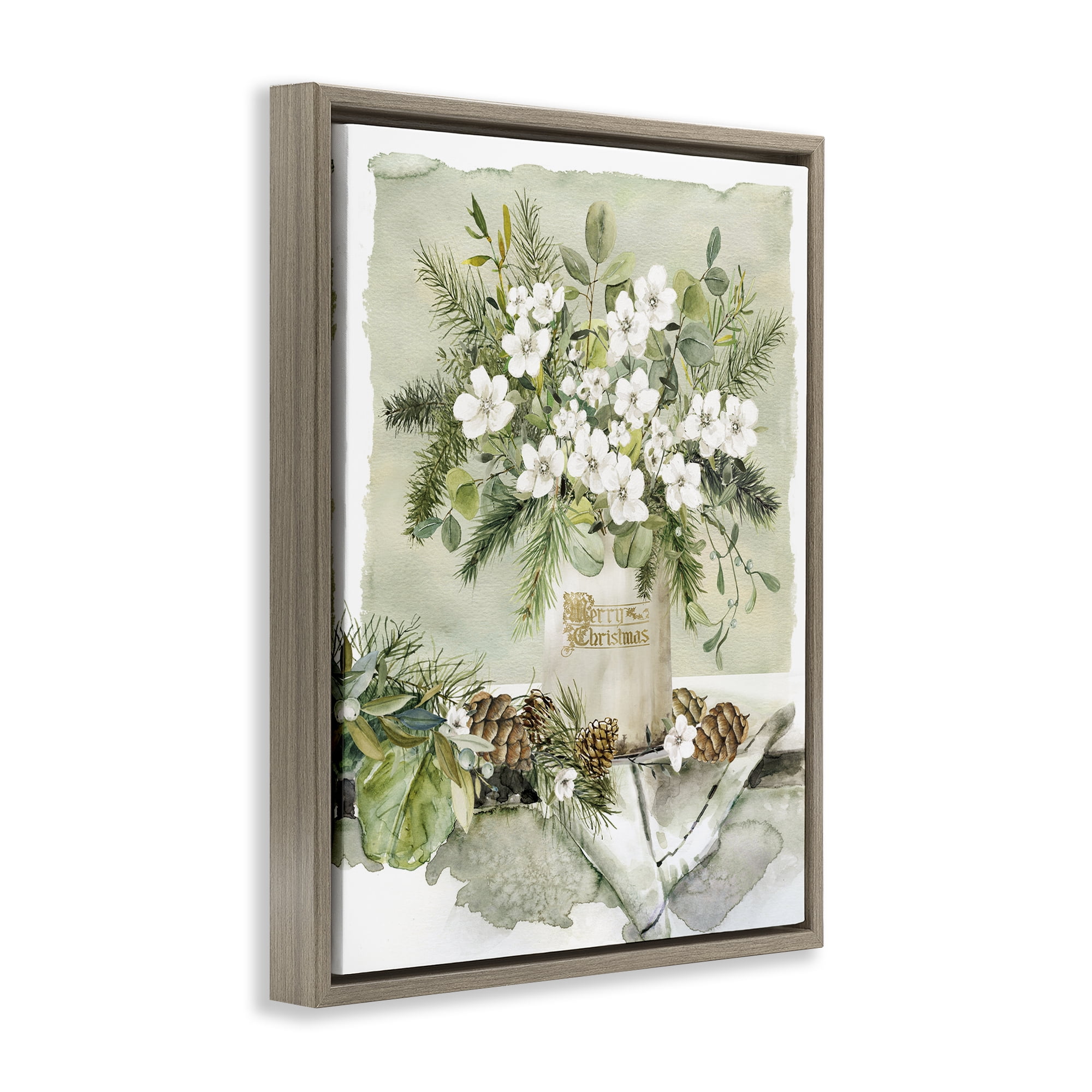 Stupell Industries White Christmas Flowers Vase Holiday Painting Brown Floater Framed Canvas Art Prints Wall Art, 25 x 31