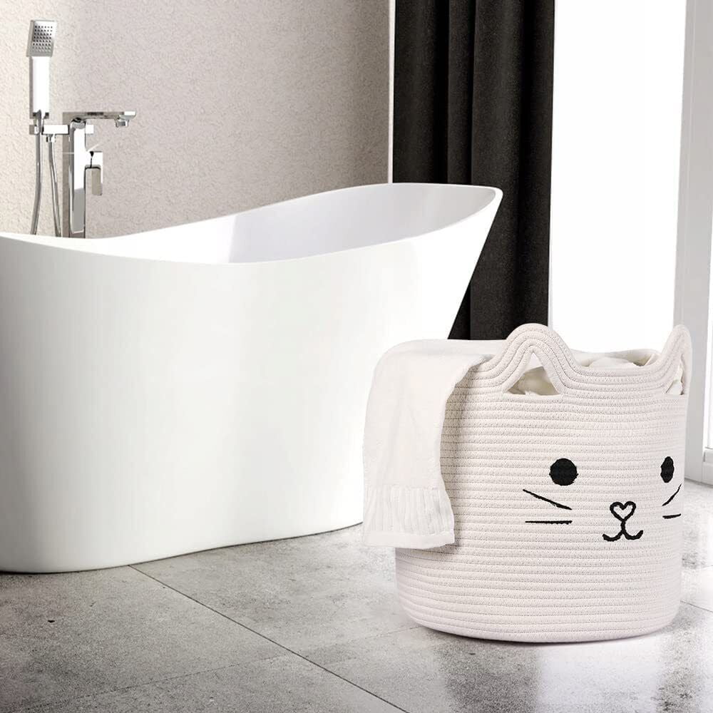 Cat Woven Cotton Rope Baskets, Baby Nursery Laundry Basket with Handle,White