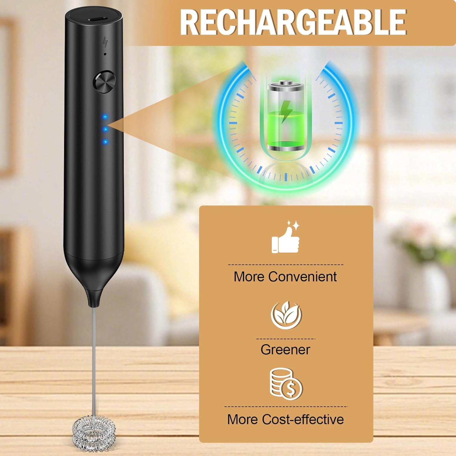 Rechargeable Milk Frother Handheld, Electric Whisk with 3 Speeds, Hand Drink Mixer with 2 Heads, Portable Coffee Frother Wand Handheld for Coffee, Lattes, Cappuccino, Eggs (Black)
