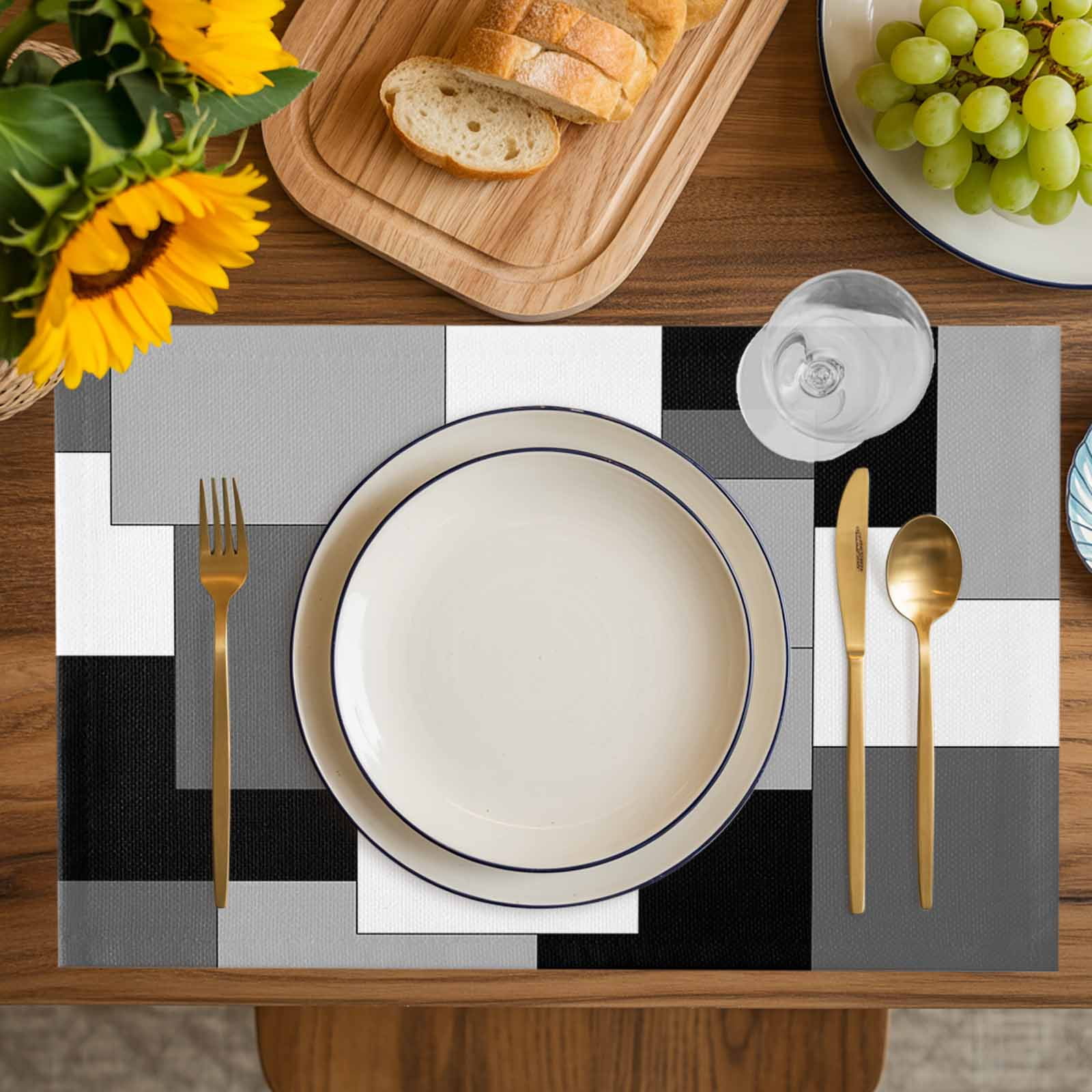 Black Grey Placemats Set of 4, Middle Century Irregular Geo Abstract Art Placemats for Dining Table, Place Mats for Kitchen Tabletop, Waterproof Wipeable Dining Table Mats Set