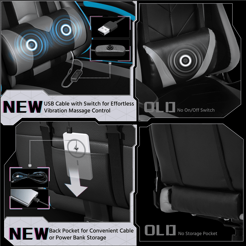 Alden Design Ergonomic High Back Gaming Chair with Massage Lumbar Pillow and Padded Armrests, Black/Gray