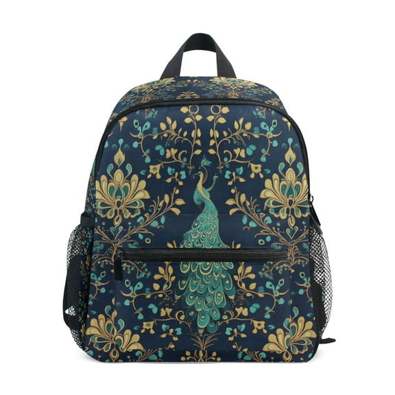 FORMRS School Backpack with Front Zippered Pocket 12" Student Travel Daypack, Navy Blue Peacock Pattern