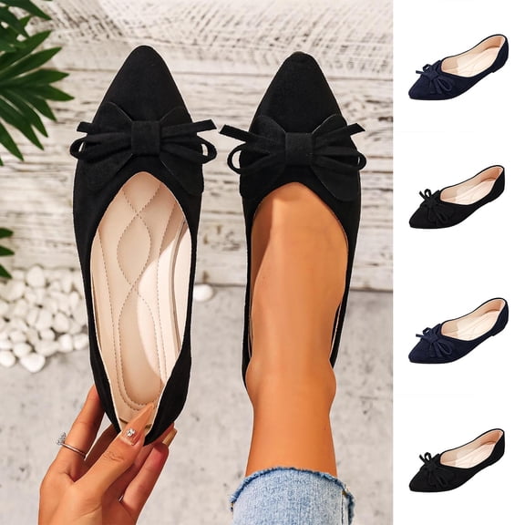 Lenago Bowknot Ballet Flats for Women Slip On Low Wedge Casual Walking Shoes with Arch Support Summer Beach Fashion Shoes Footwear Black Size-8.5