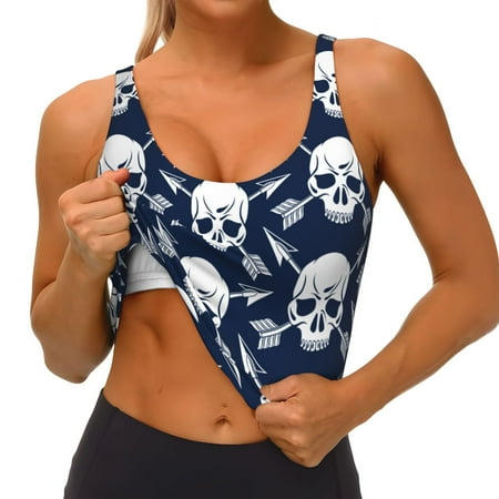 Qokaie white arrow Skull Pattern Womens Scoop Neck Sports Bra Breathable Workout Vest Padded U Back Medium Impact Fitness Gym Yoga Bra Workout Crop Top