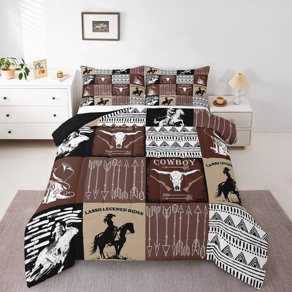 Country Western Bedding Sets Full,Tribe Geometry Aztec Comforter Set Cowboy Horse Quilt,Gothic Bull Skull Duvet Insert Cowgirl Southwestern Decor,Black Brown