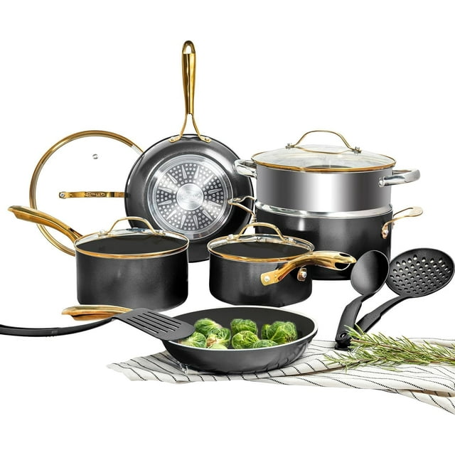 Gotham Steel Juego de ollas y sartenes de cerámica de 15 piezas antiadherentes, juegos de utensilios de cocina, juego de ollas y sartenes, juego de utensilios de cocina de cerámica, juego de utensilio