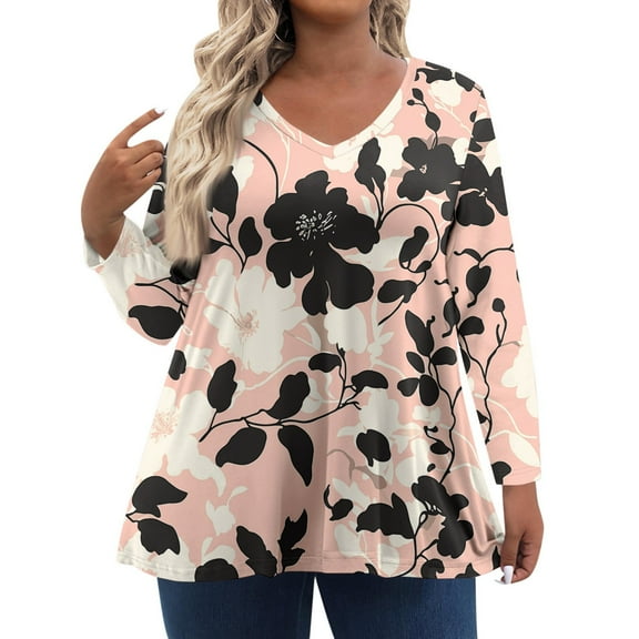 Homozy Plus Size Long Sleeve Tops for Women 2026 Fall Floral V Neck Shirts Casual Autumn Tunic Blouse