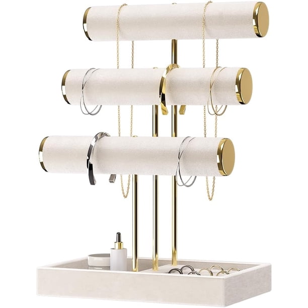 Soporte para pulsera de 3 niveles, organizador de joyería con barra transversal de terciopelo y marco de metal, soporte para collar y aretes, pulsera para mujer (beige)