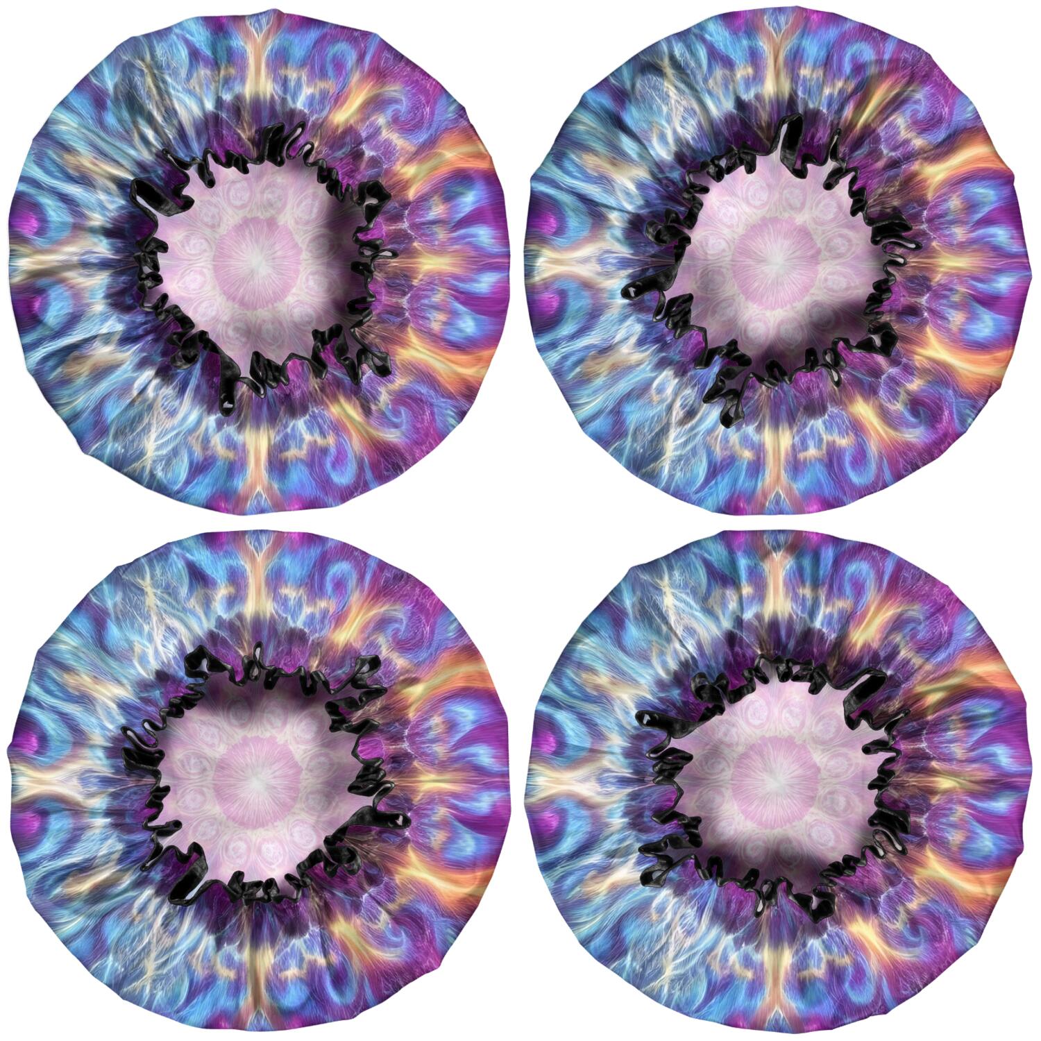 Shower Caps,Colorful Tie Dye Flame Flower Pattern Waterproof Shower Cap for Women 4 Pieces,Double Reusable Hair Cover for Shower PEVA Elastic Stretch Hem