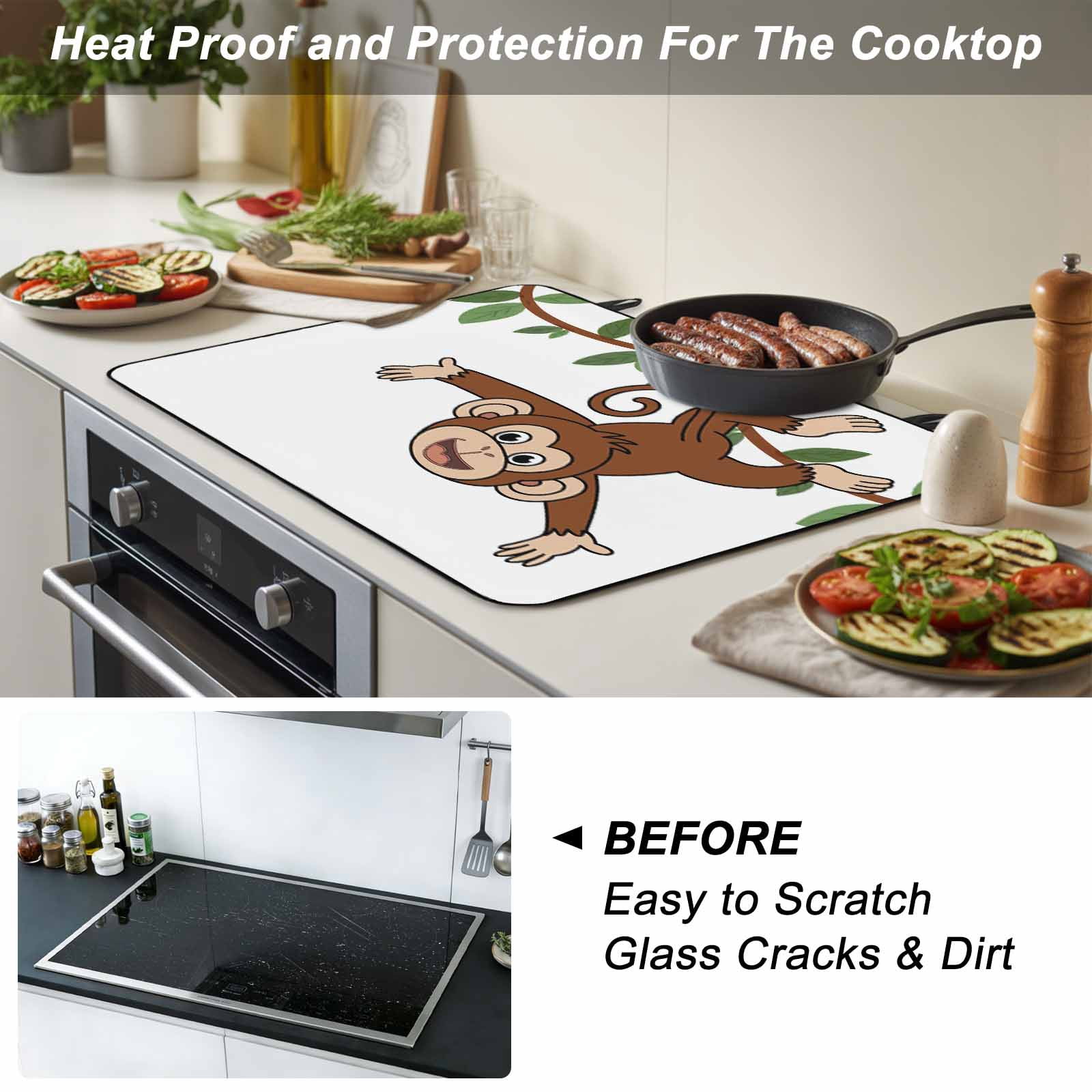 Brown Cute Monkey Stove Top Cover for Electric Stove, Heat-proof & Non Slip Glass Top Stove Cover Protector, Playing Funny Animal on Branch Kitchen Flat Cooktop Rubber Mat 24x21 Inches
