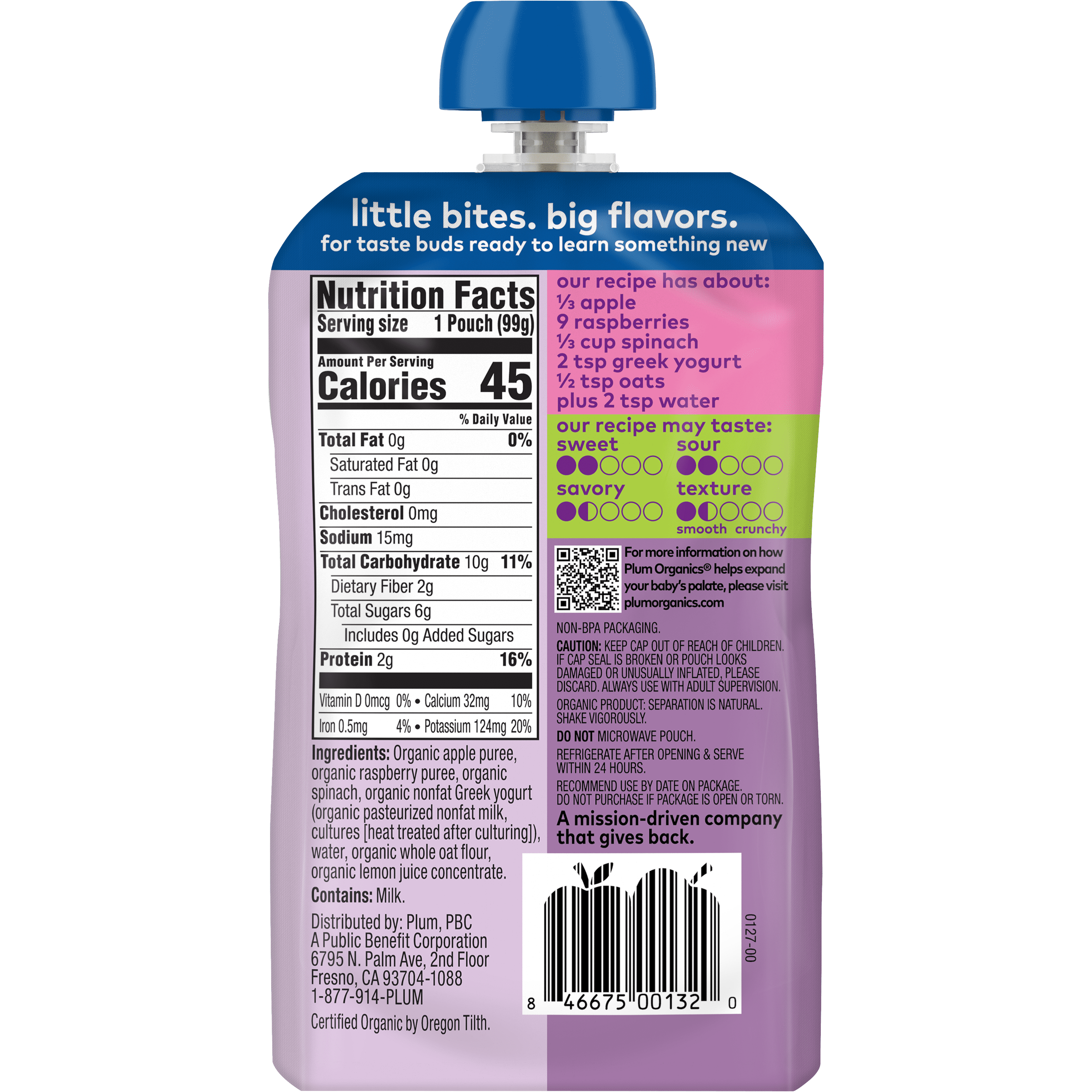 Plum Organics Stage 2 Organic Baby Food, Apple, Raspberry, Spinach and Greek Yogurt, 3.5 oz Pouch - Case of 12
