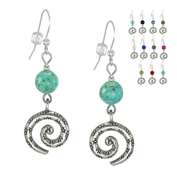 One Pair Textured Pewter Swirl & Bead Earrings with Sterling Silver Earwires