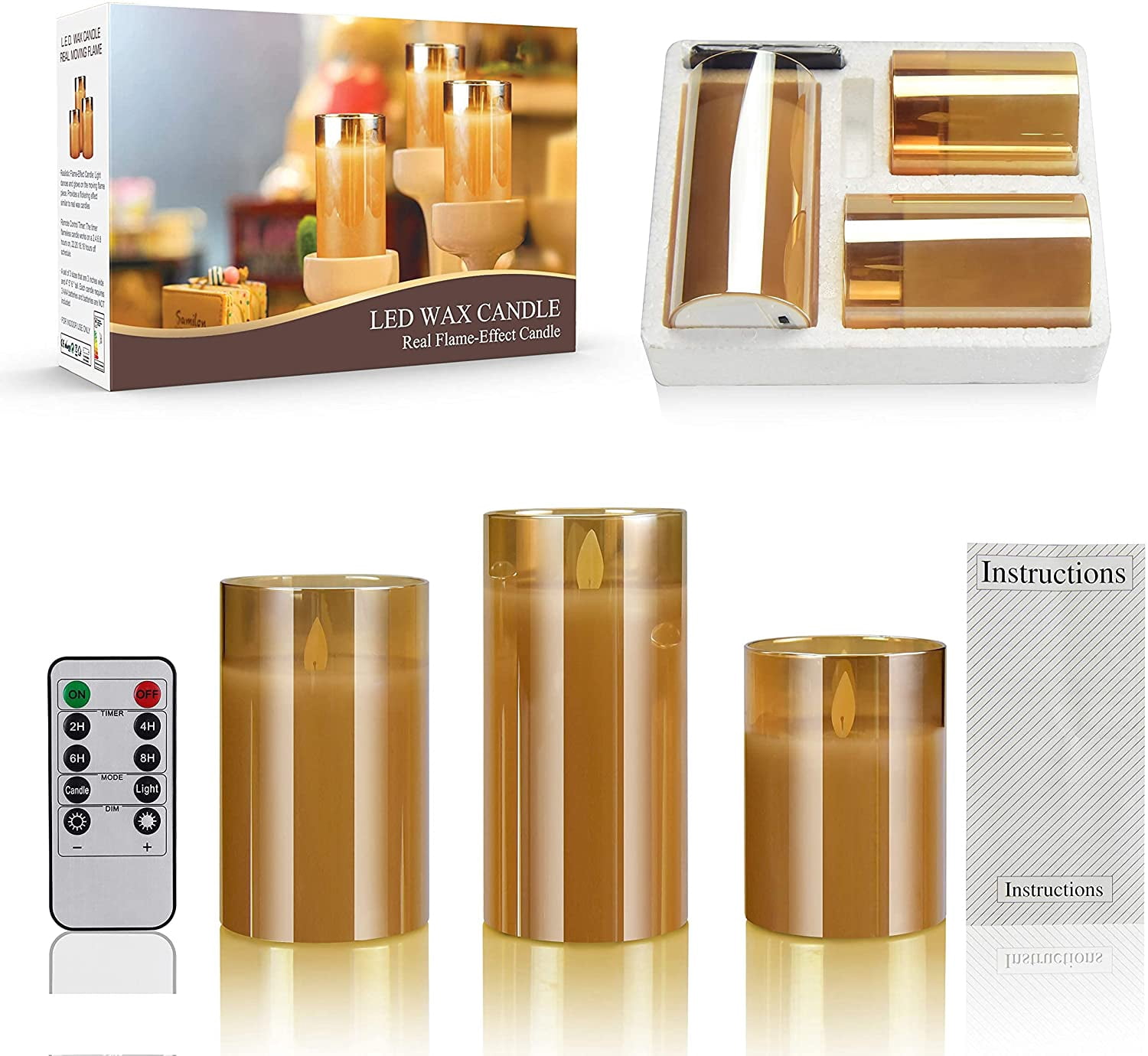Flameless Led Candles Flickering Candle Real Wax Fake Wick Moving Flame Faux Wickless Pillar Battery Operated Candles with Timer Remote Glass Effect for Festival Wedding Home Party Decor