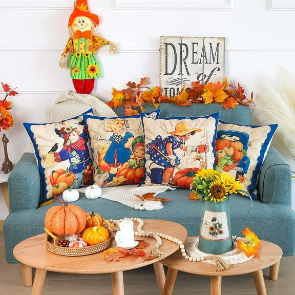 Fall Pillow Covers 18x18 Set of 4 Blue Gnome Truck Scarecrow Autumn Harvest Pumpkin Maple Leaves Sunflower Throw Pillow Case Bed Couch Cushion Covers Family Home Decor Party Supply Decorations