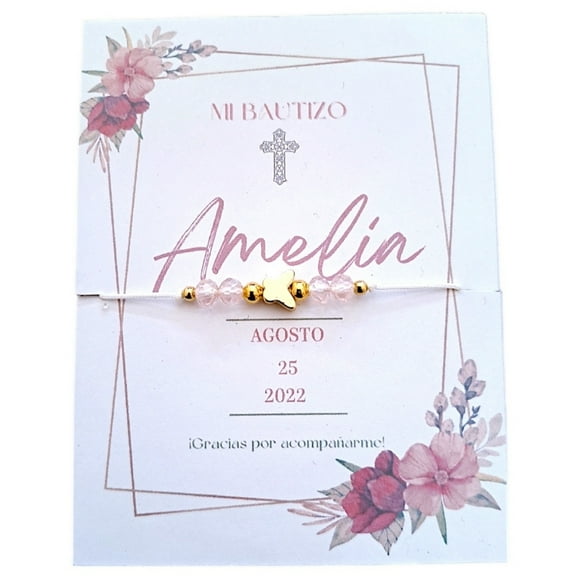 Pulsera Ajustable Mariposa y Cristal Rosa Recuerdo Con Tarjeta Personalizada Para Bautizo, Primera Comunión, Confirmación, Boda, xv Años,etc.Paquete de 10 Piezas