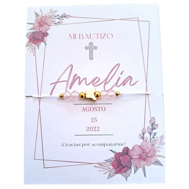 Pulsera Ajustable Mariposa y Cristal Rosa Recuerdo Con Tarjeta Personalizada Para Bautizo, Primera Comunión, Confirmación, Boda, xv Años,etc.Paquete de 10 Piezas