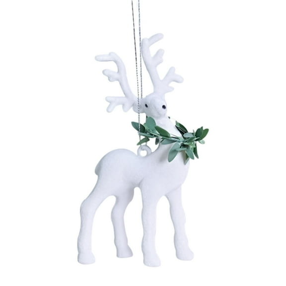 CuiLiyq Christmas Reindeer Tree Ornament, Flocked Christmas Elk Figurines Pendants with Green Wreath, Standing Deer Hanging Charm Ornaments for XmasTree Party Holiday Decor (White)