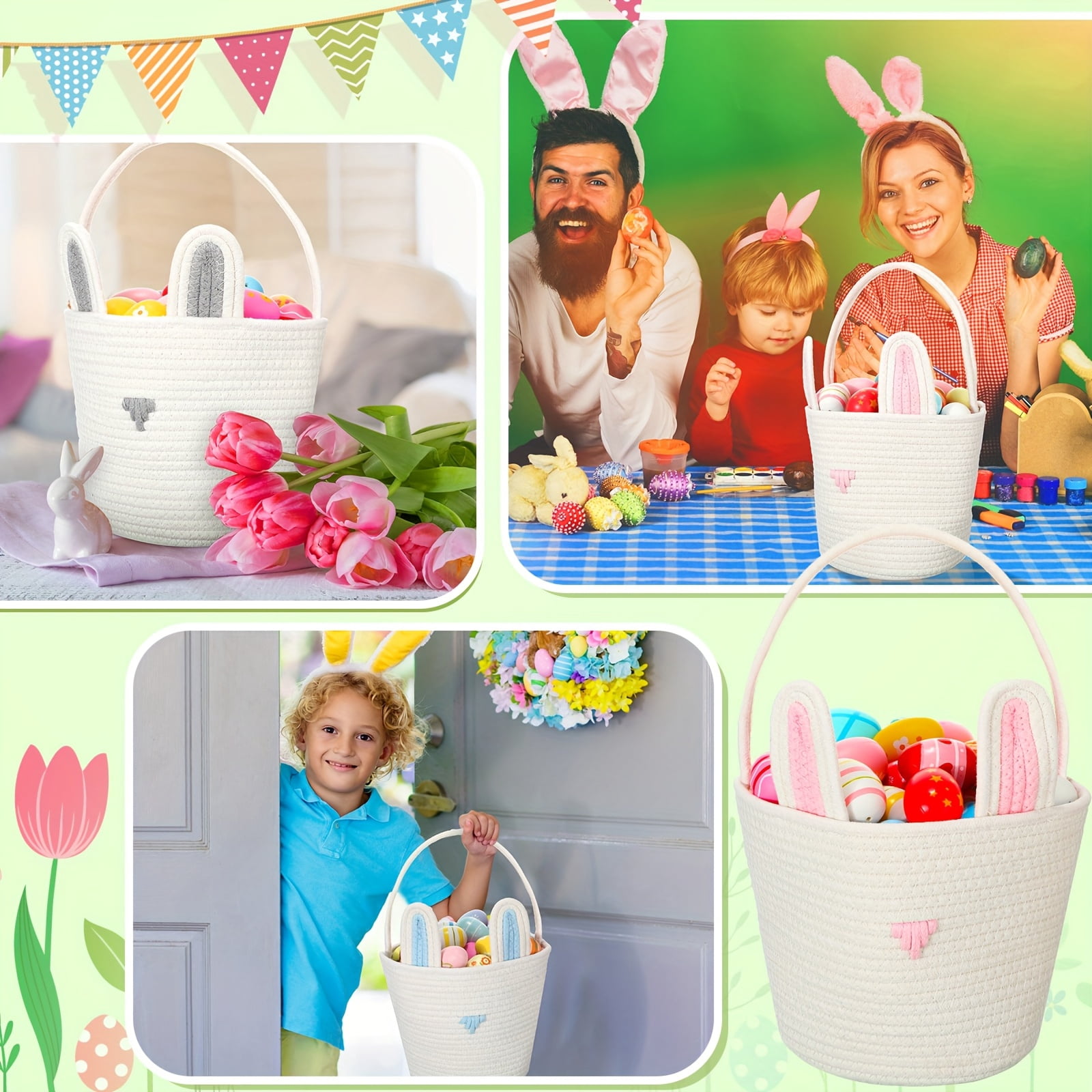 3Pcs Cute Easter Basket, Easter Bunny Basket Woven Rope 7.9 inch White Shelf Storage, Bunny Easter Basket for Egg Hunt Party Favors Spring Holiday Gifts and Home Decoration