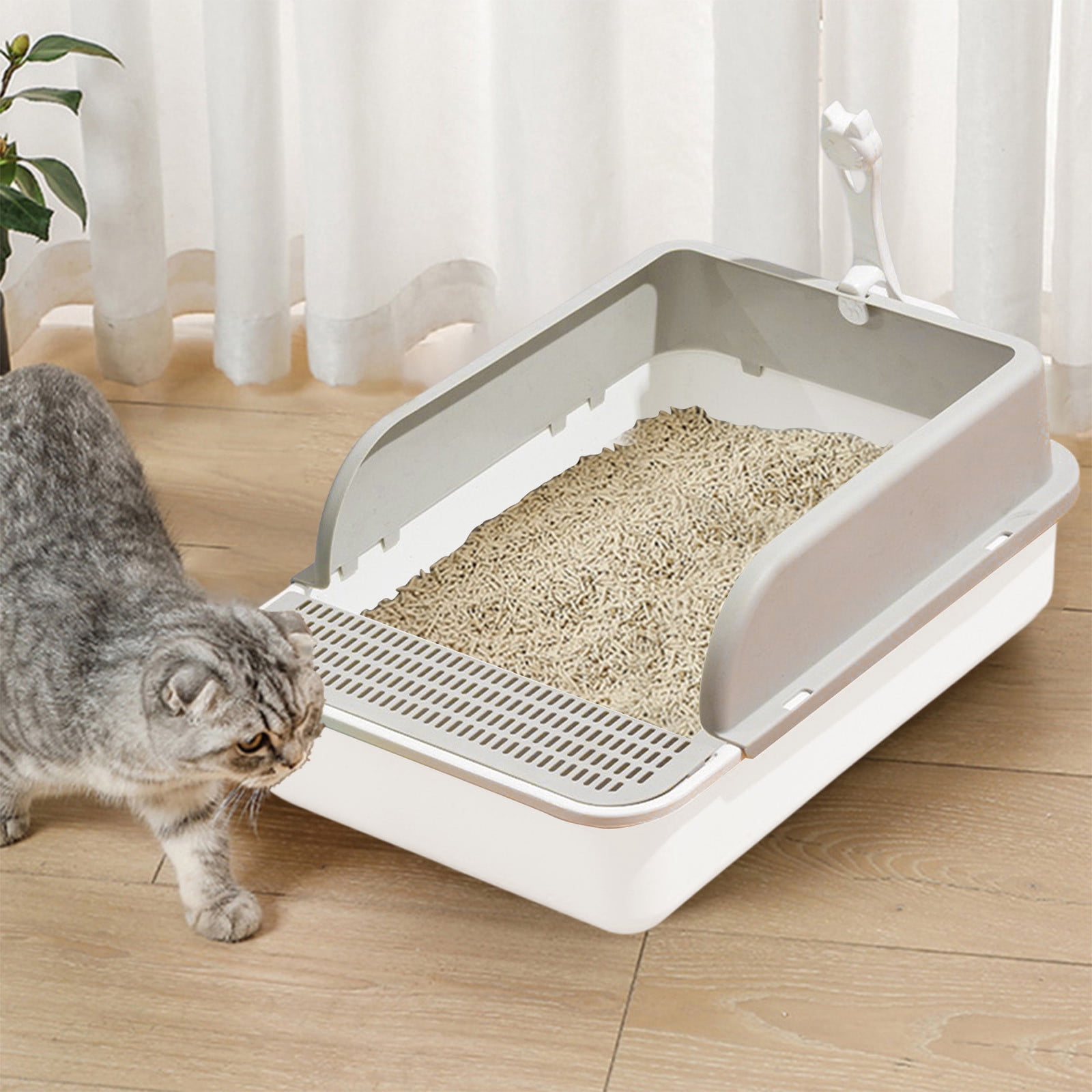 Tunhigl Extra-Large Splash-Proof Cat Litter Box 17x12x7" , Removable Cover & Rim, High-Sided Leak-Proof Design, BPA-Free Plastic, Includes Litter Scoop Gray