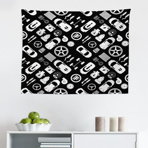 Auto Mechanic Tapestry, Retro Design Graphic with Nostalgic Car and Garage Typography Repair Themed, Fabric Wall Hanging Decor for Bedroom Living Room Dorm, 2 Sizes, Multicolor, by Ambesonne