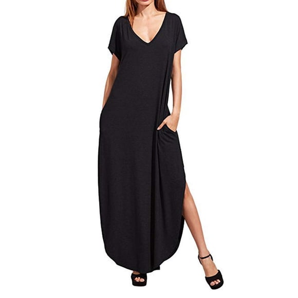 Vestido largo holgado con cuello en V y bolsillo para mujer