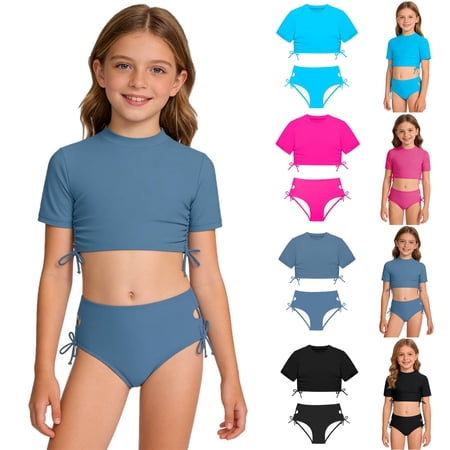 SGMVNU Girls Swimsuits Rash Guard Short Sleeve Swim Top with Shorts Two Piece Bathing Suit Swimwear Size 11-12 Years cl1-Navy