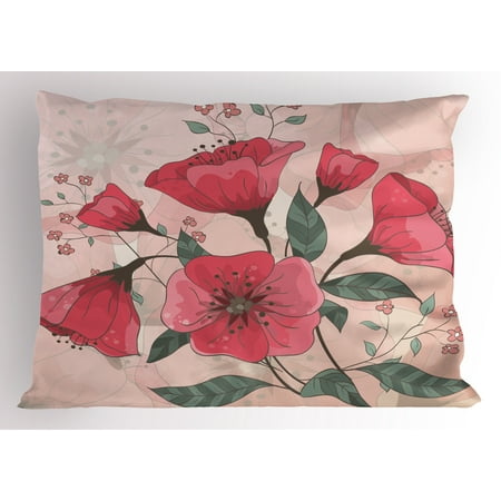 Pink Pillow Sham Hand Drawn Style Watercolored Effect Flowers
