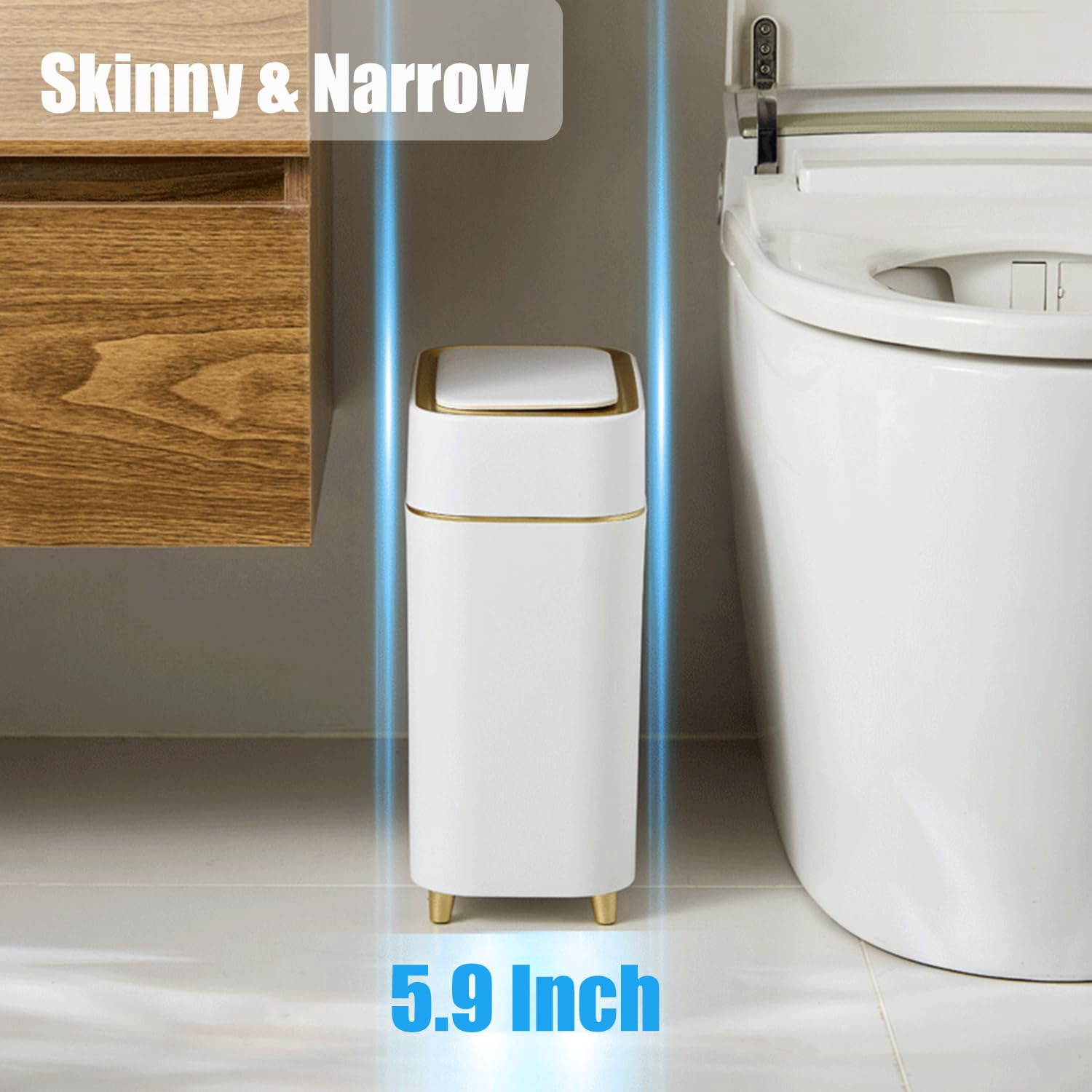 Motion Sensor Trash Can Bathroom Automatic Touchless Lid - Sensor Garbage Can - Bathroom, Bedroom, Kitchen, Laundry Room, Small Spaces - Compact Smart Trash Bin - White with Gold Edge, 1Pack