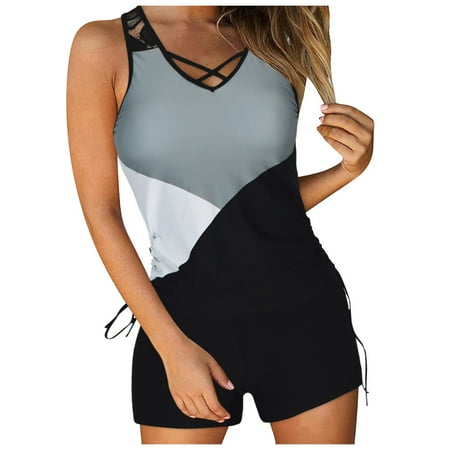 Caqnni Womens Plus Size 2 Piece Bathing Suits Ruffle Tankini Top with Boyshorts Tummy Control Swimsuits for Women (XXL White)