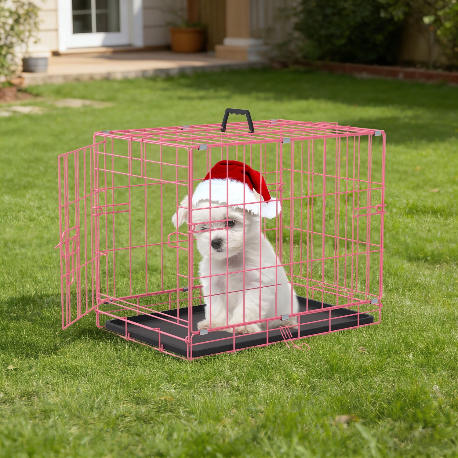 CL.HPAHKL 18 inch Small Dog Crate, Metal Wire Folding Dog Kennel Cage with Leak-Proof Pan, Portable Puppy Crate Cage for Small Dogs, Pink