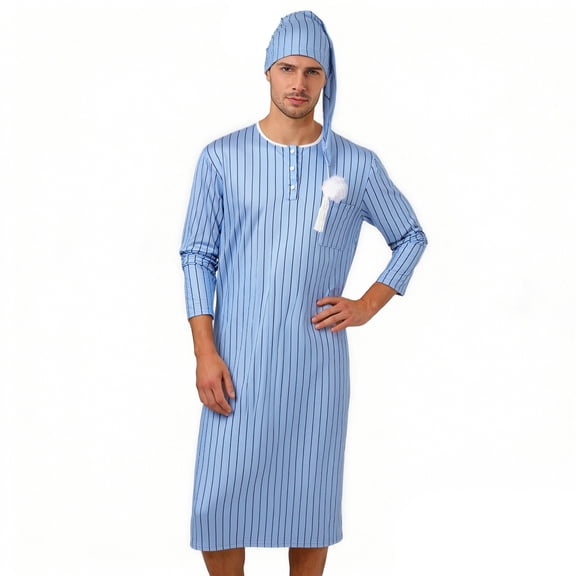 Wxolcjlv Vertical Stripe Nightshirt Set For Men Long Sleeve Sleep Gown With Night Cap