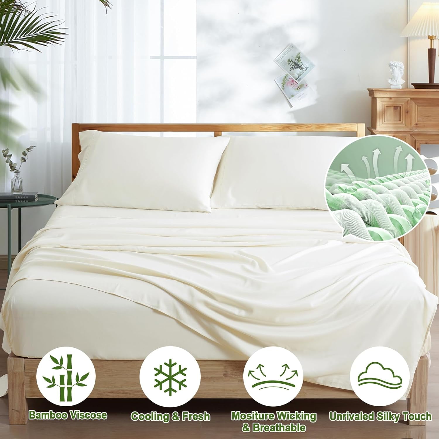 PHF Bamboo Bed Sheet Sets, 4 Pieces King Silky Soft Bedding Sheets, 1800 Thread Count 16 Inch Deep Pockets, Cream