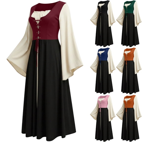 Womens Gothic Dress Witch Costume Medieval Renaissance Lace Up Corset Bell Sleeve High Waist Flare Maxi Gown for Halloween Cosplay Party, Wine, M