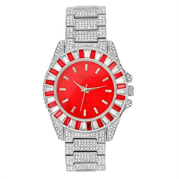 Women's Baguette Cut Iced Out Diamond Watch - Drop it Down with This Bling'ed Out Crystal Watch on Your Wrist Ladies!! Hakuna Matata!! - ST10372MLA Metal SLV Red/Red