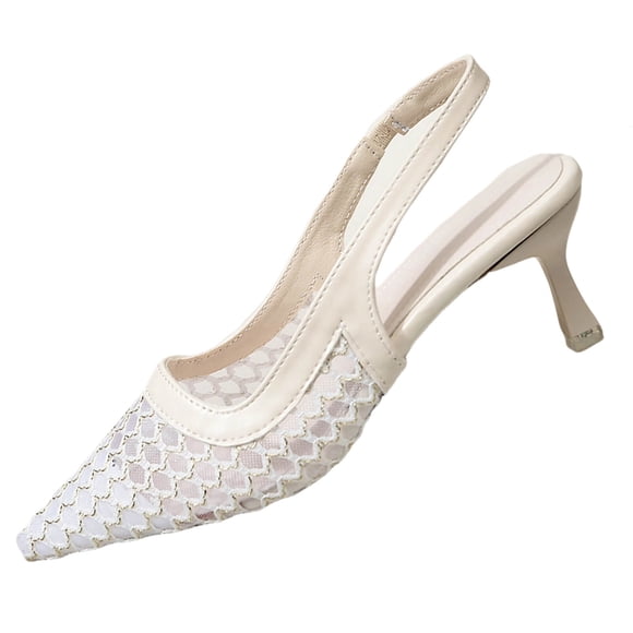 High Heels for Women, Lace Mesh Pointed Toe with Sequins, Breathable Back Open-Toe Fishnet Slingback, Crystal Heel