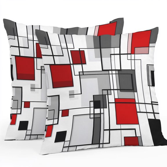 Red Grey Geometric Outdoor Pillow Covers, Waterproof Decorative Throw Pillowcases Set of 2, Abstract Art Modern Irregular Couch Cushion Cases with Zipper for Outside Patio Garden Sofa 20"x20"