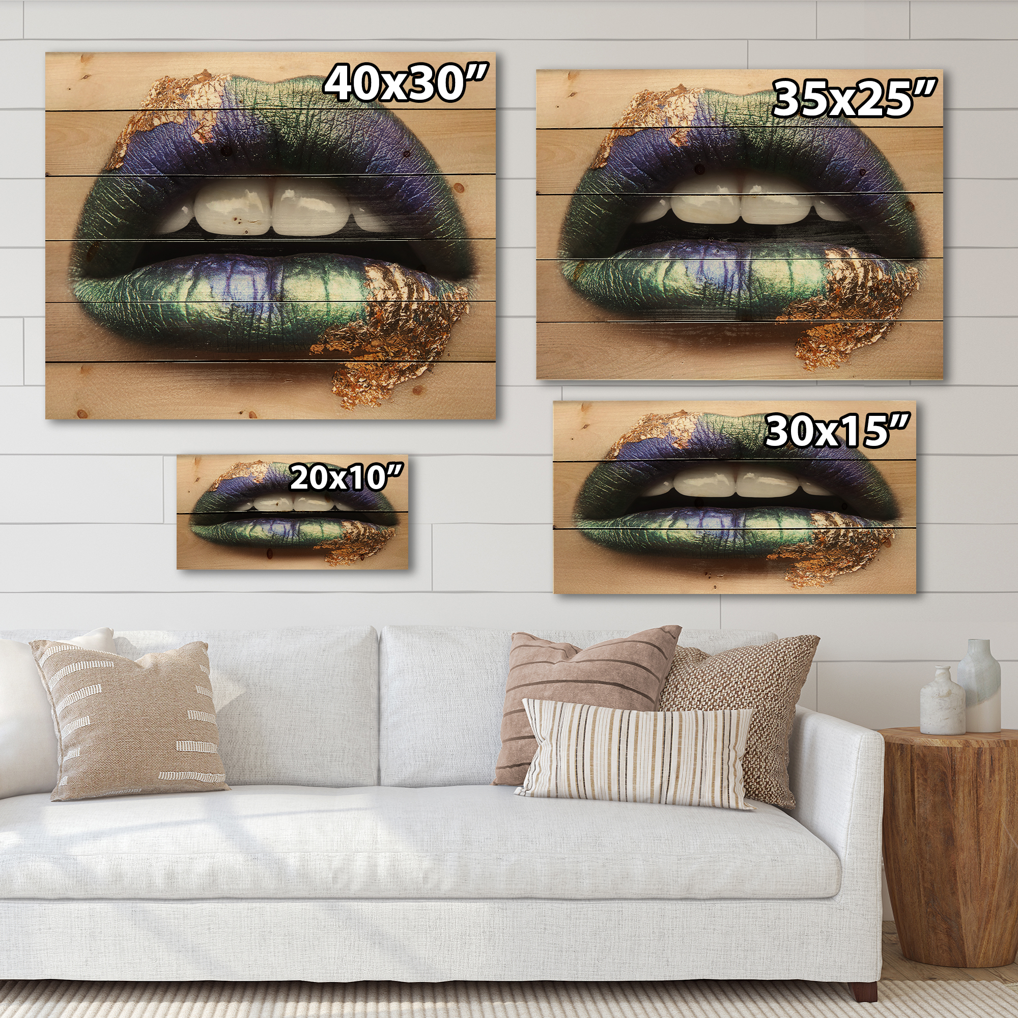 Designart 'Woman Lips With Green Lipstick & Teeth' Modern Print on Natural Pine Wood