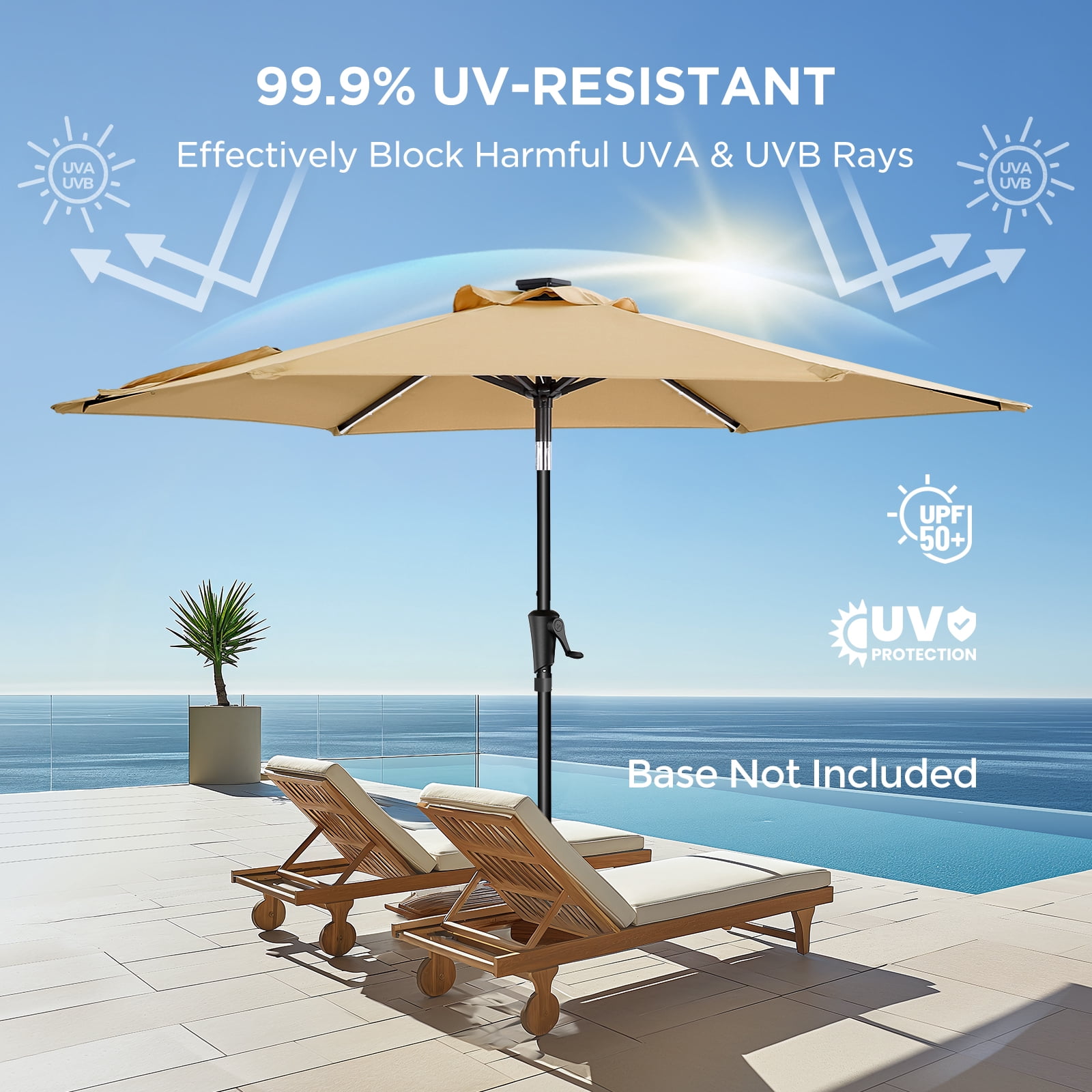TASKBAY 9ft Solar Patio Umbrella with Colorful LED Lights, 45° Tilt Adjustment Outdoor Umbrella for Garden, Backyard, Pool, Beige (Base not included)